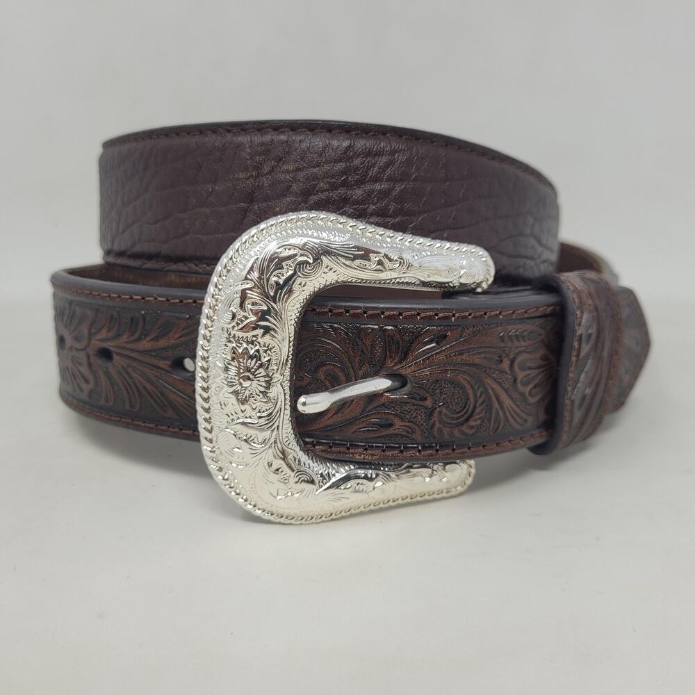 Nocona Belt Mens 42 Brown Leather Tooled Floral‎ Western Cowboy Silver Buckle